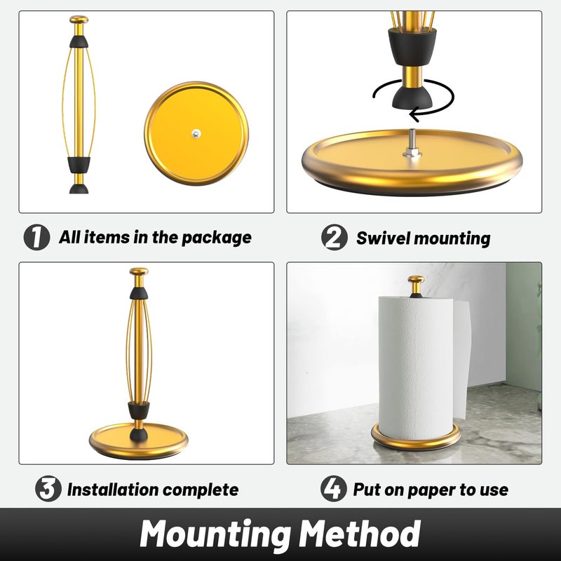 VEHHE Gold Paper Towel Holder Countertop with Weighted Base, One-Handed Tear Kitchen Towel Holder with Damping Function and EVA Non-Slip Pad for Bathroom - Image 5